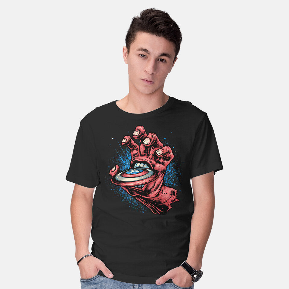 Model wearing black Big Red Hand – Sci-Fi Graphic T-Shirt