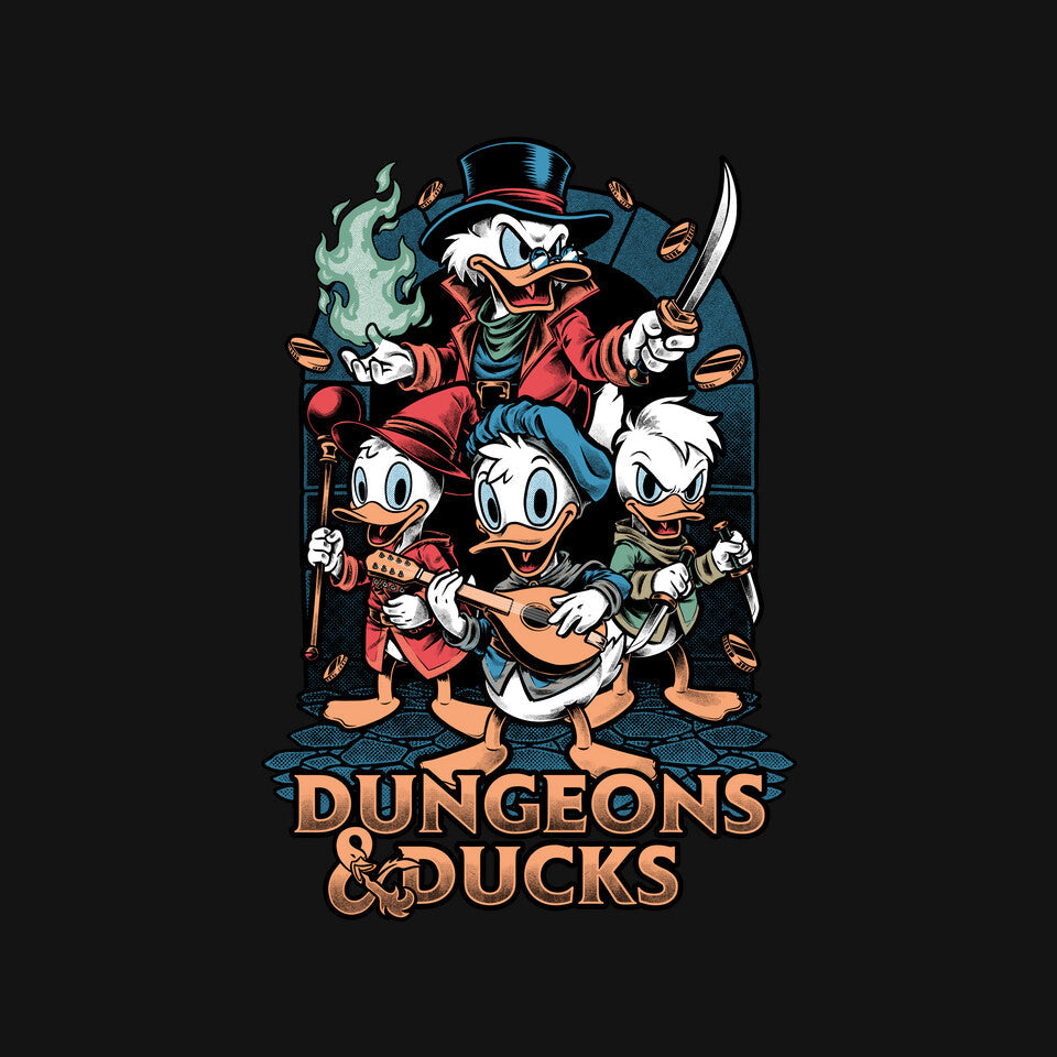 Dungeons And Ducks Cartoon – Gaming Graphic T-Shirt design artwork for black graphic T-shirt