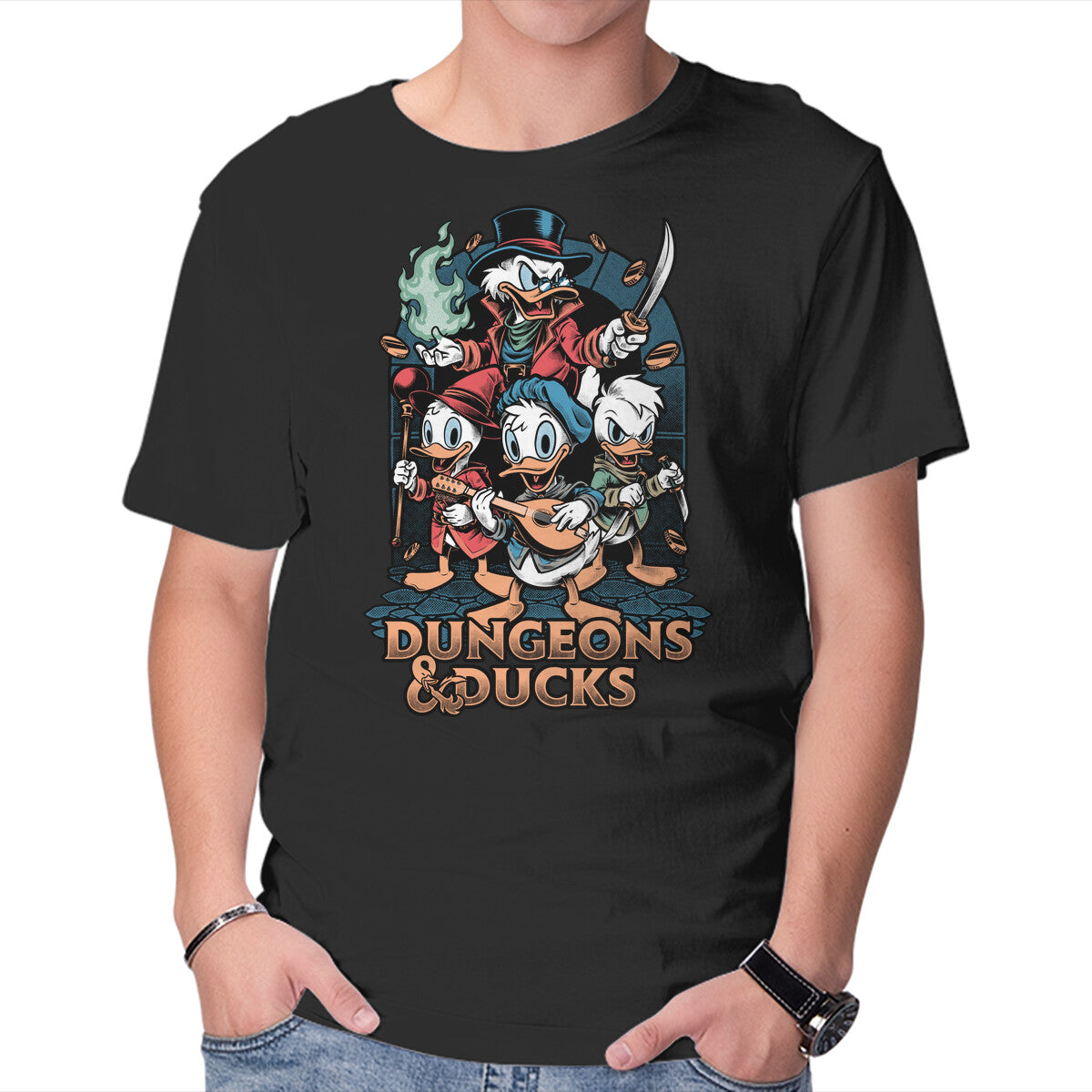 Dungeons And Ducks Cartoon – Gaming Graphic T-Shirt in black, product display
