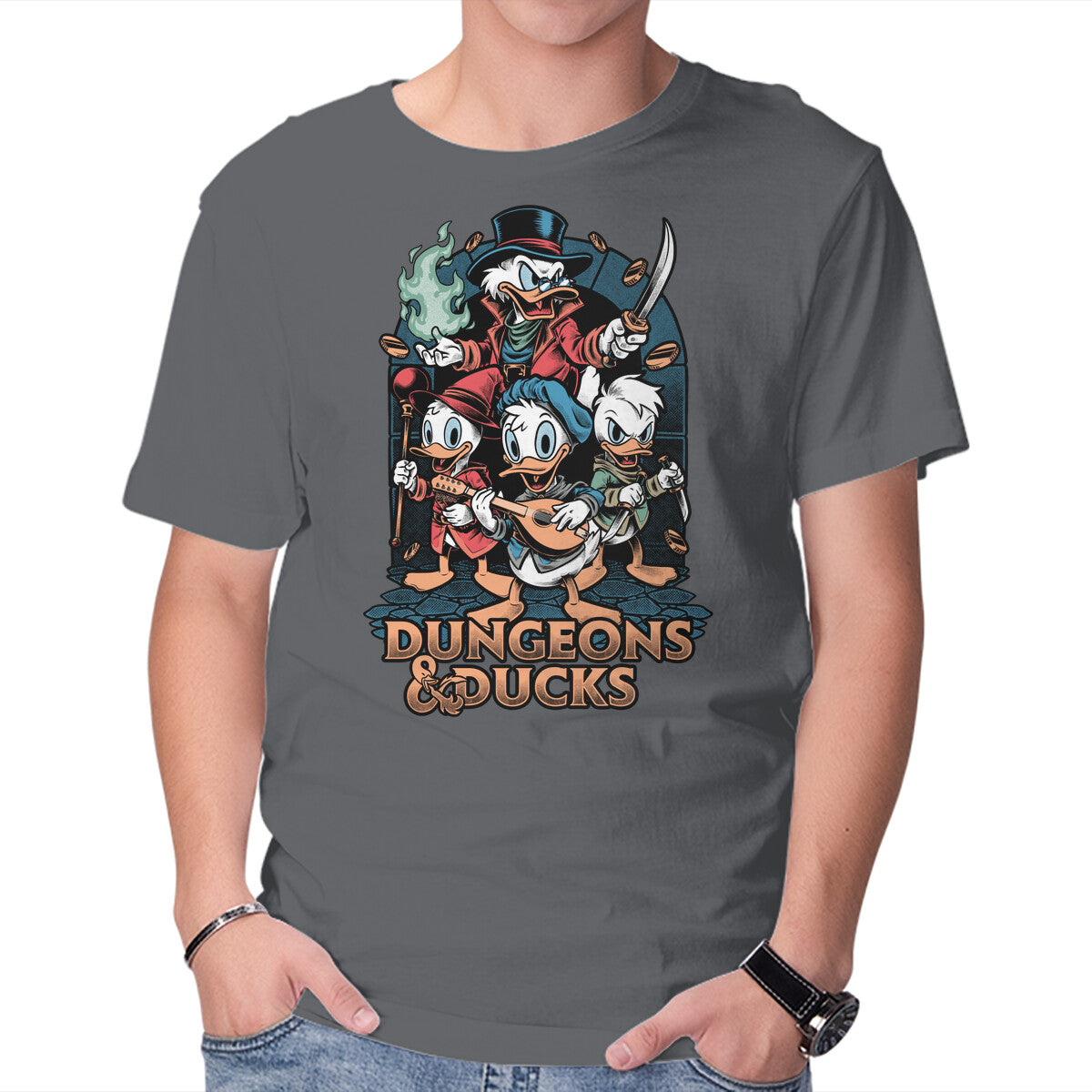 Dungeons And Ducks Cartoon – Gaming Graphic T-Shirt in charcoal, product display