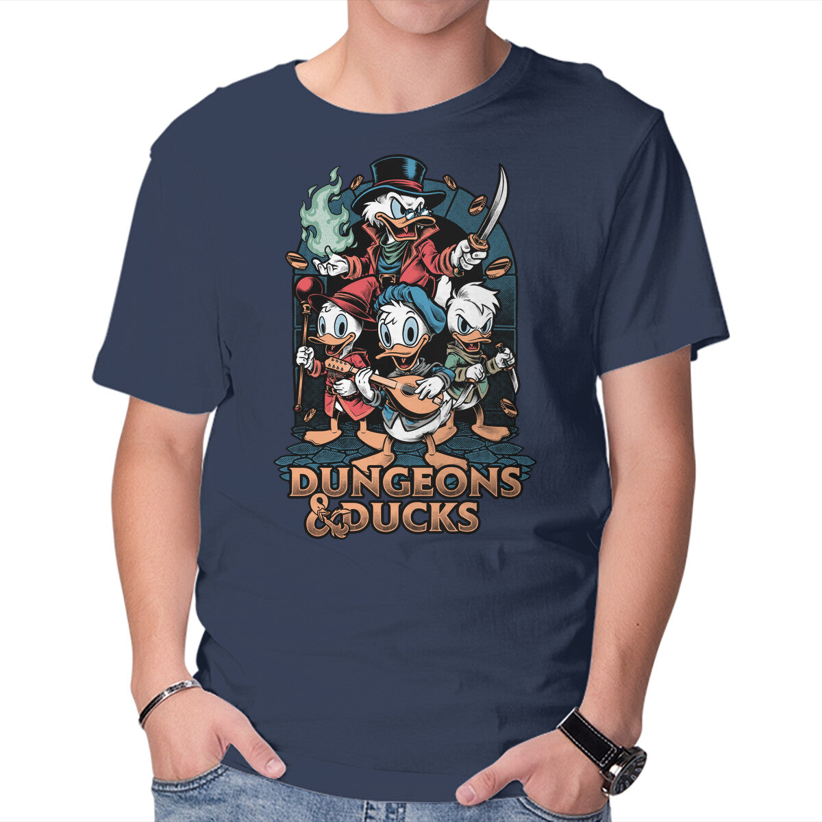 Dungeons And Ducks Cartoon – Gaming Graphic T-Shirt in navy, product display