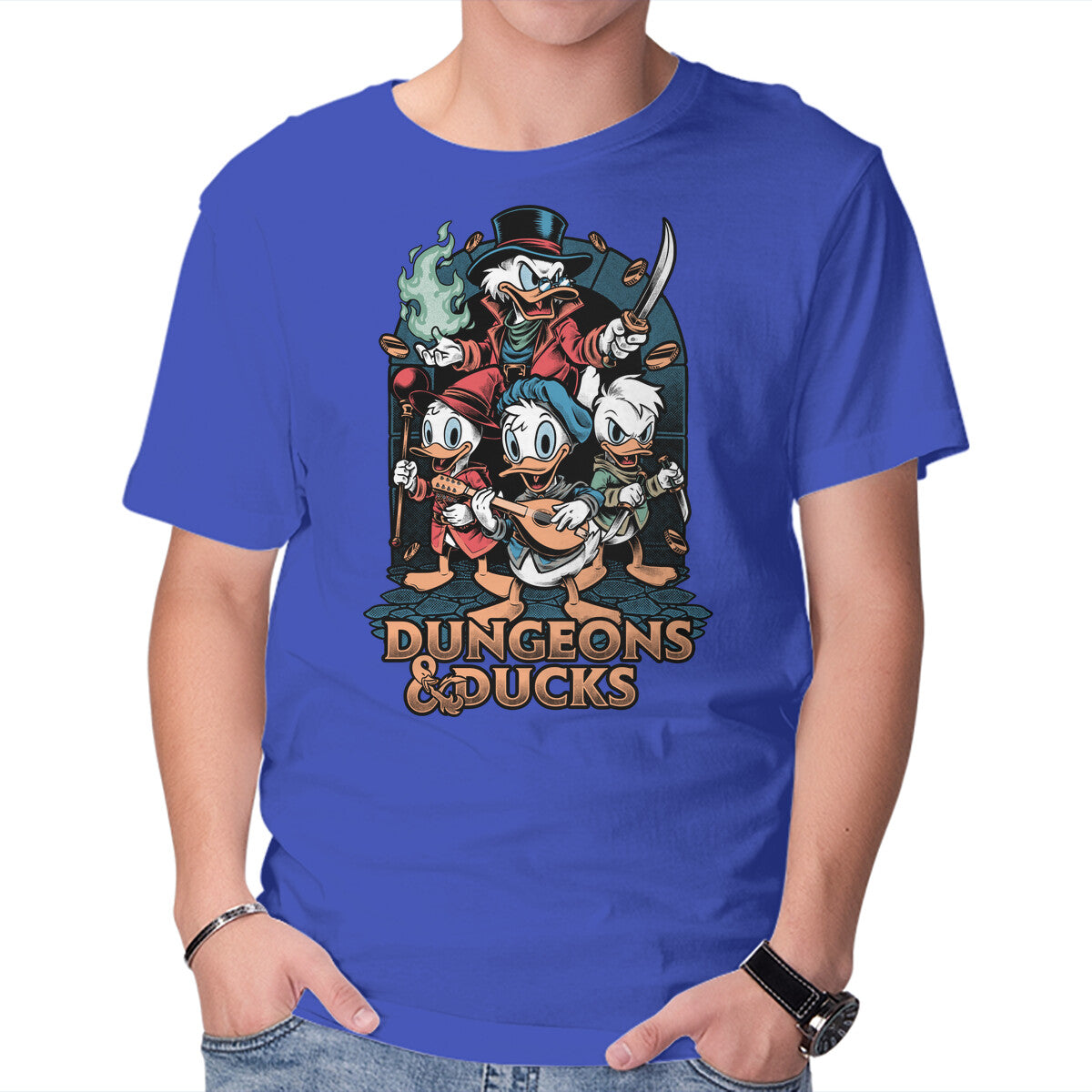 Dungeons And Ducks Cartoon – Gaming Graphic T-Shirt in royal blue, product display