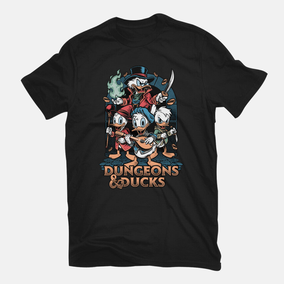 Dungeons And Ducks Cartoon – Gaming Graphic T-Shirt in black, flat-lay product view