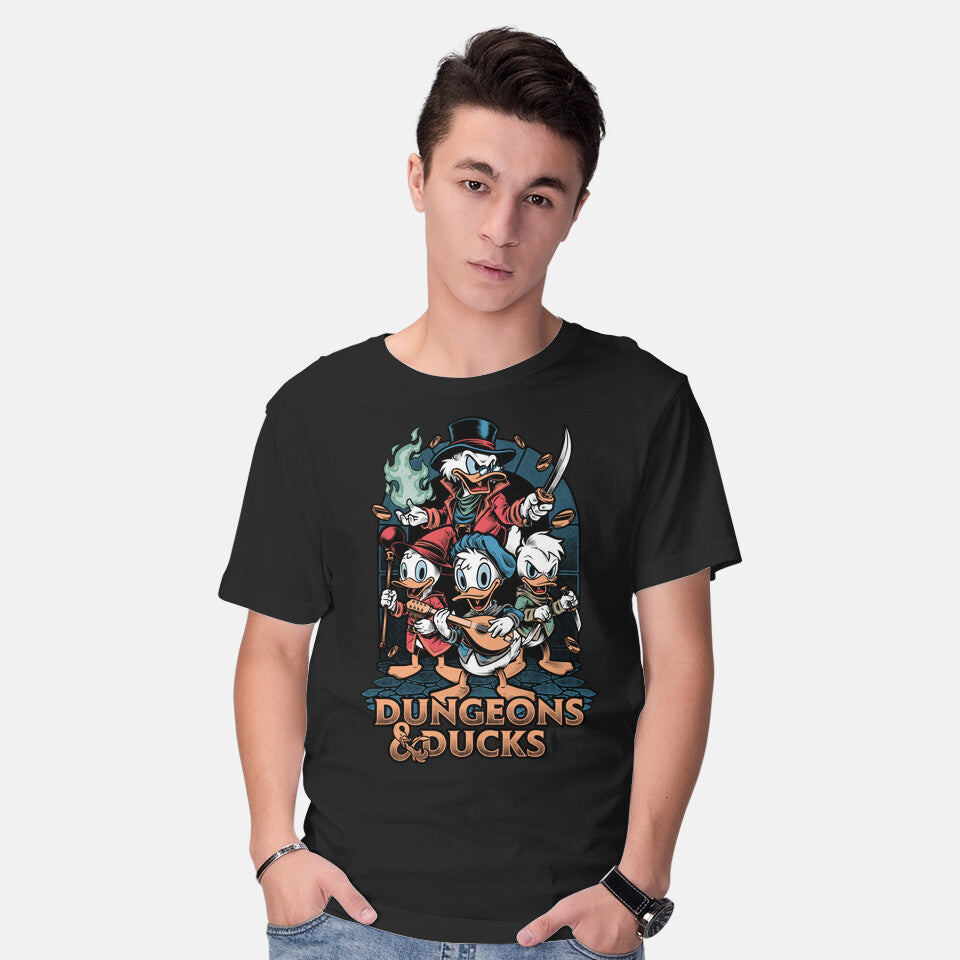 Model wearing black Dungeons And Ducks Cartoon – Gaming Graphic T-Shirt