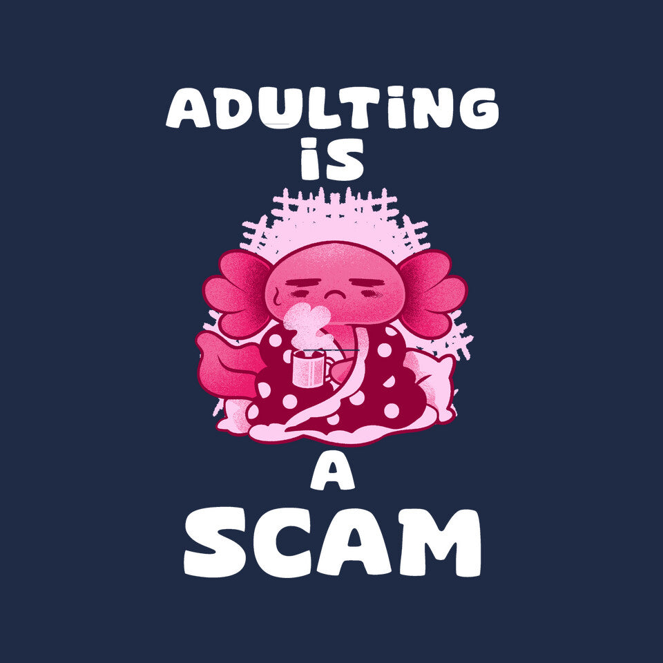 Adulting Is A Scam – Coffee Graphic T-Shirt design artwork for navy graphic T-shirt