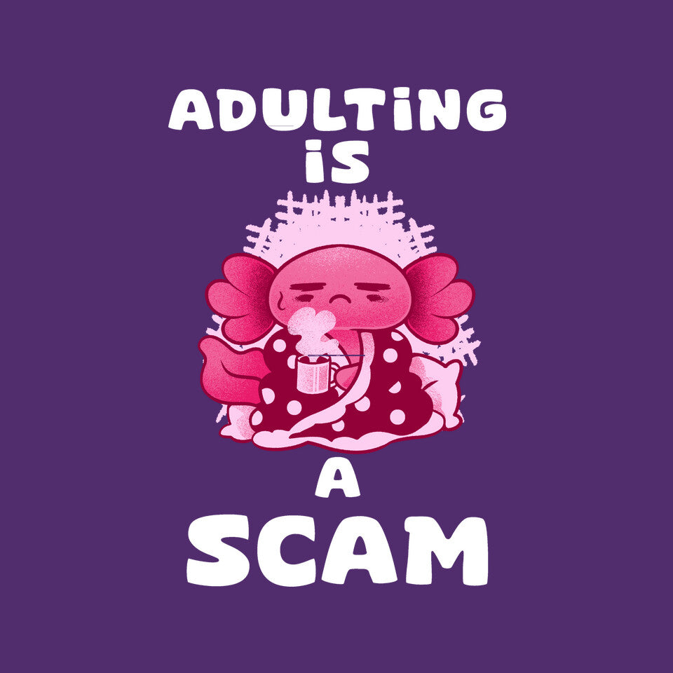 Adulting Is A Scam – Coffee Graphic T-Shirt design artwork for purple graphic T-shirt