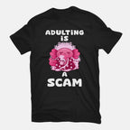 Adulting Is A Scam – Coffee Graphic T-Shirt in black, flat-lay product view
