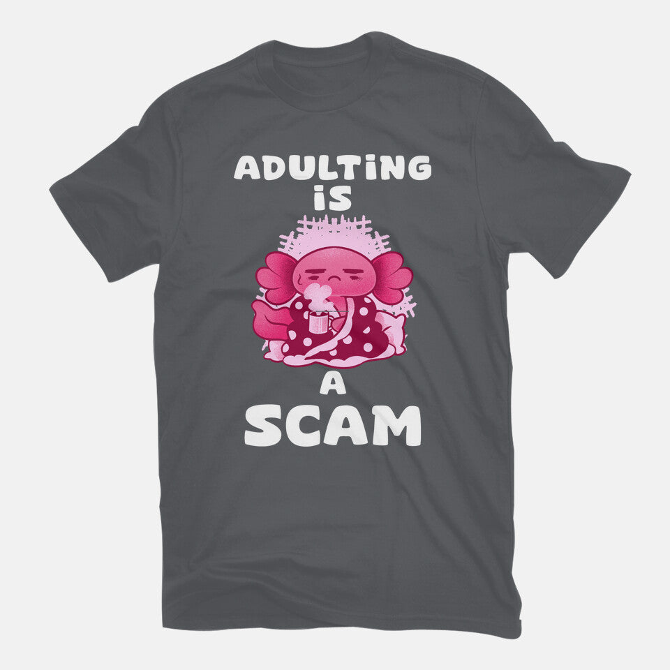 Adulting Is A Scam – Coffee Graphic T-Shirt in charcoal, flat-lay product view