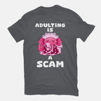 Adulting Is A Scam – Coffee Graphic T-Shirt in charcoal, flat-lay product view