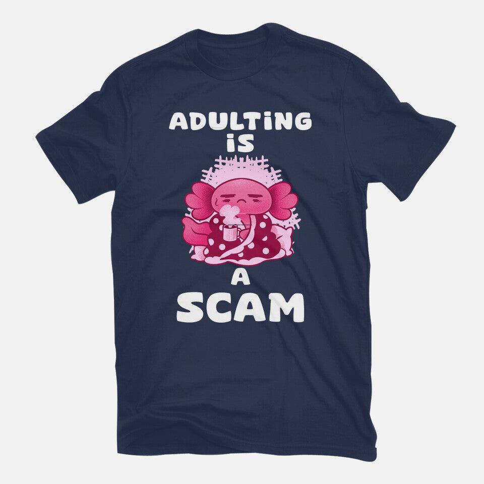 Adulting Is A Scam – Coffee Graphic T-Shirt in navy, flat-lay product view