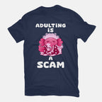 Adulting Is A Scam – Coffee Graphic T-Shirt in navy, flat-lay product view