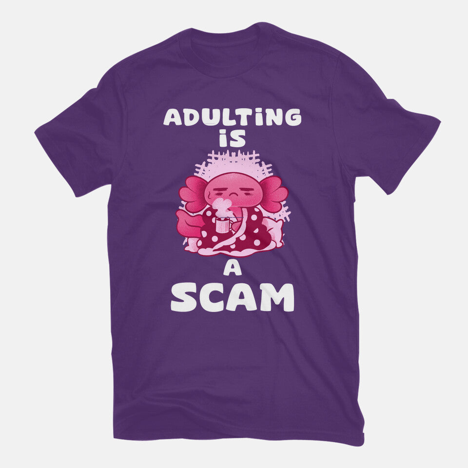Adulting Is A Scam – Coffee Graphic T-Shirt in purple, flat-lay product view