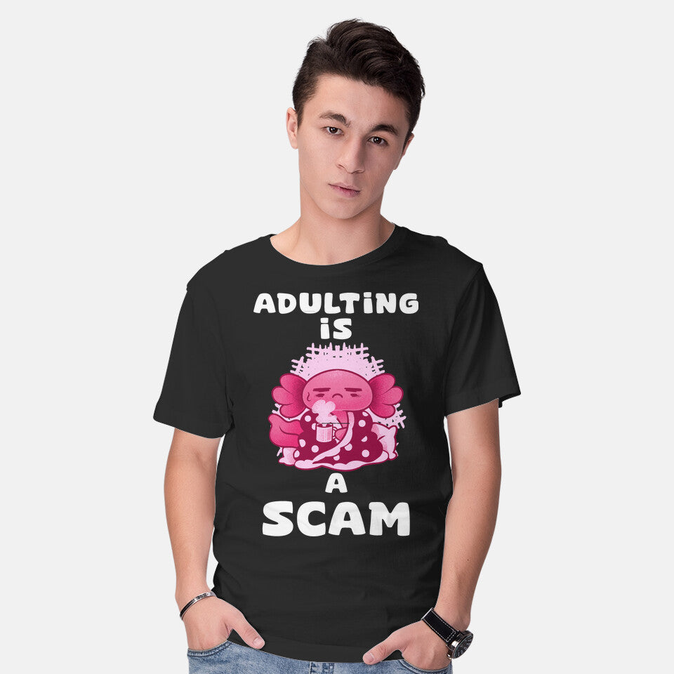 Model wearing black Adulting Is A Scam – Coffee Graphic T-Shirt