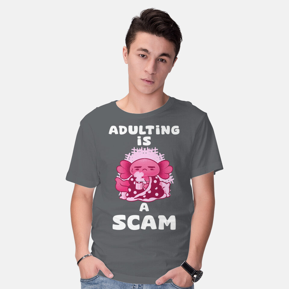Model wearing charcoal Adulting Is A Scam – Coffee Graphic T-Shirt