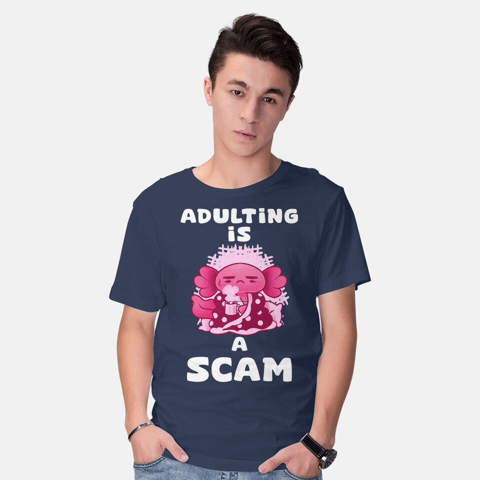 Model wearing navy Adulting Is A Scam – Coffee Graphic T-Shirt