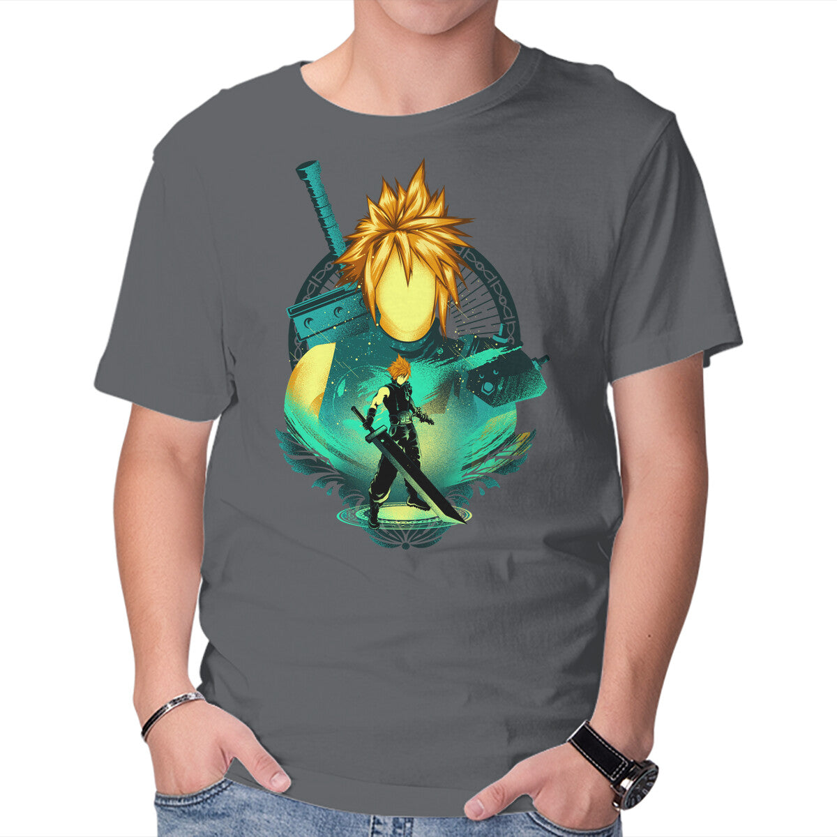 Midgar Mercenary – Gaming Graphic T-Shirt in charcoal, product display
