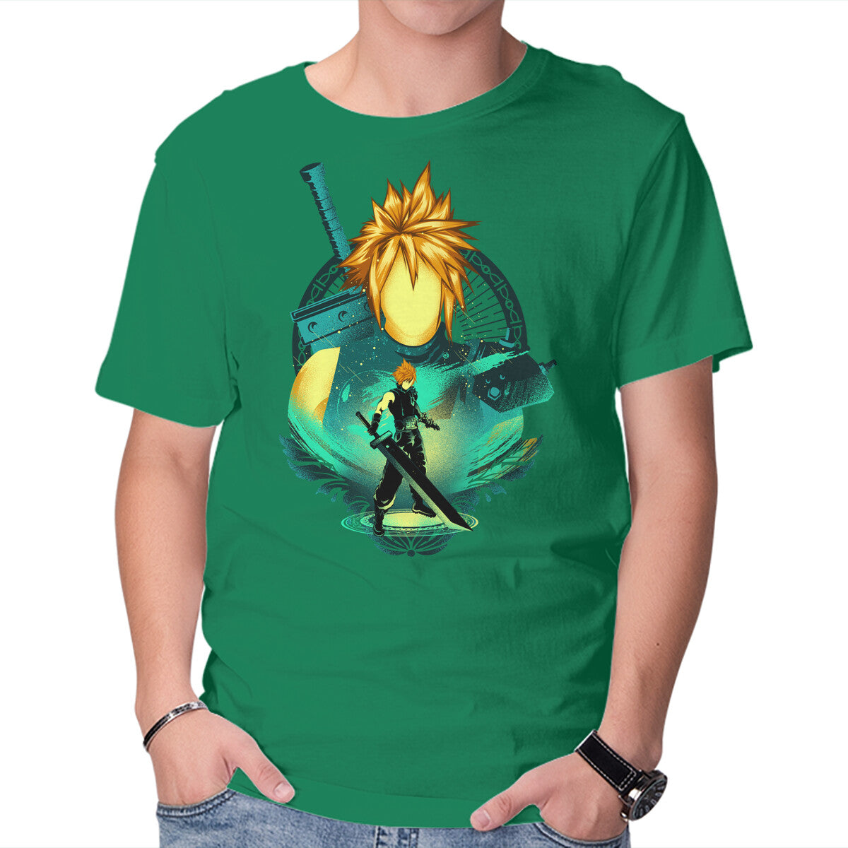 Midgar Mercenary – Gaming Graphic T-Shirt in green, product display