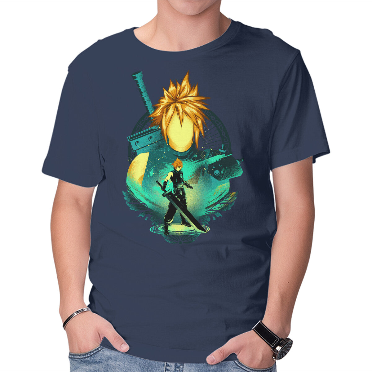 Midgar Mercenary – Gaming Graphic T-Shirt in navy, product display
