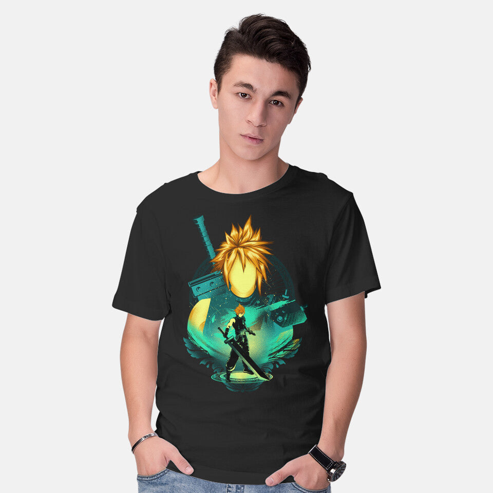 Model wearing black Midgar Mercenary – Gaming Graphic T-Shirt