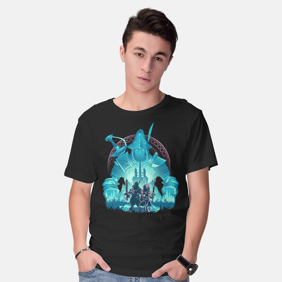 Model wearing black Captain Of The Knights Of Pluto – Gaming Graphic T-Shirt