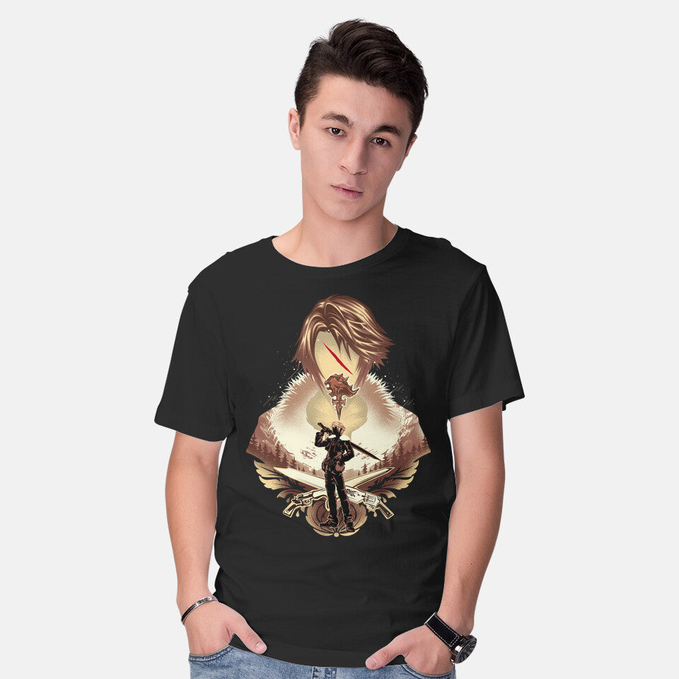 Model wearing black Balamb Elite Mercenary – Gaming Graphic T-Shirt