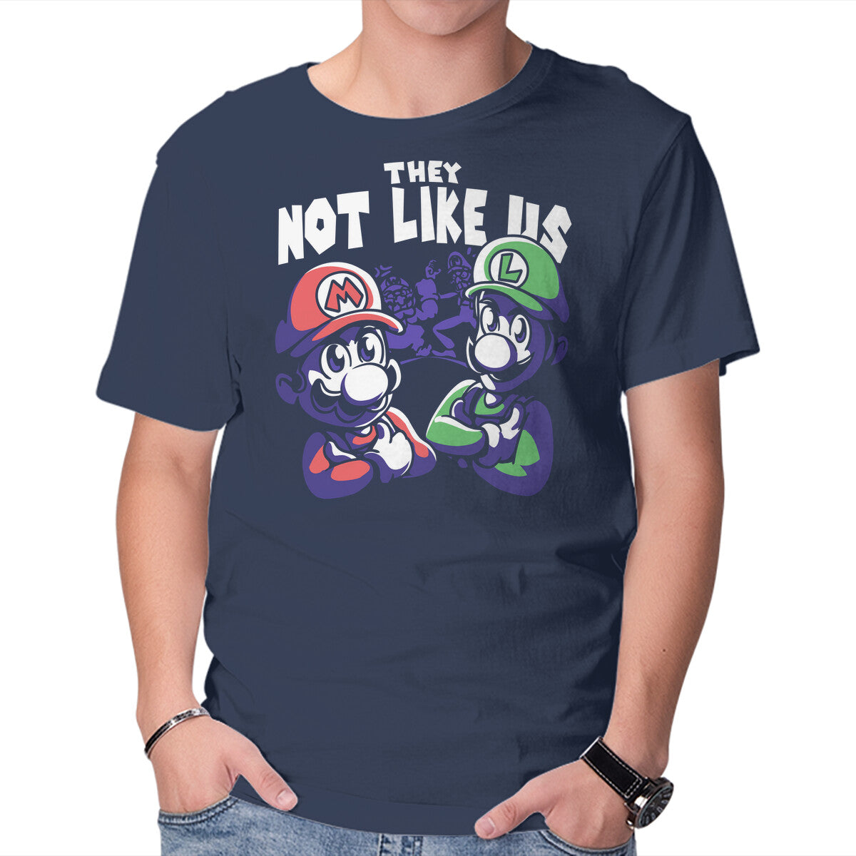 Not Like Bros – Gaming Graphic T-Shirt in navy, product display
