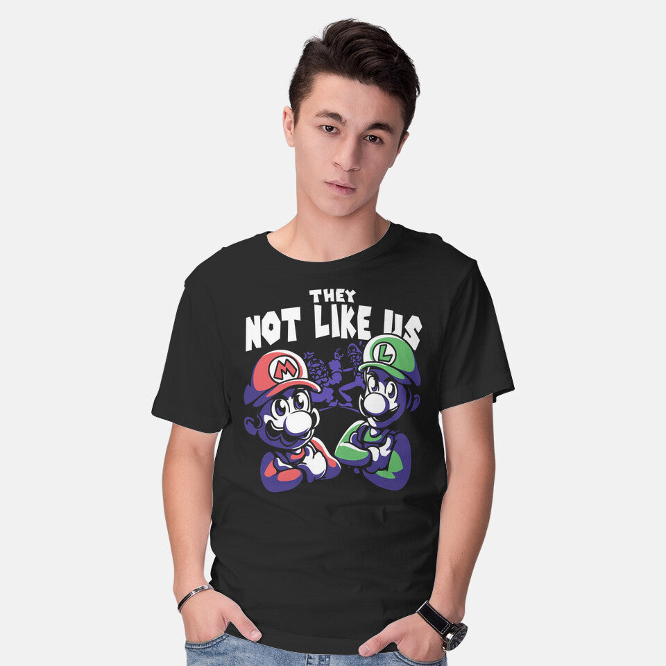 Model wearing black Not Like Bros – Gaming Graphic T-Shirt