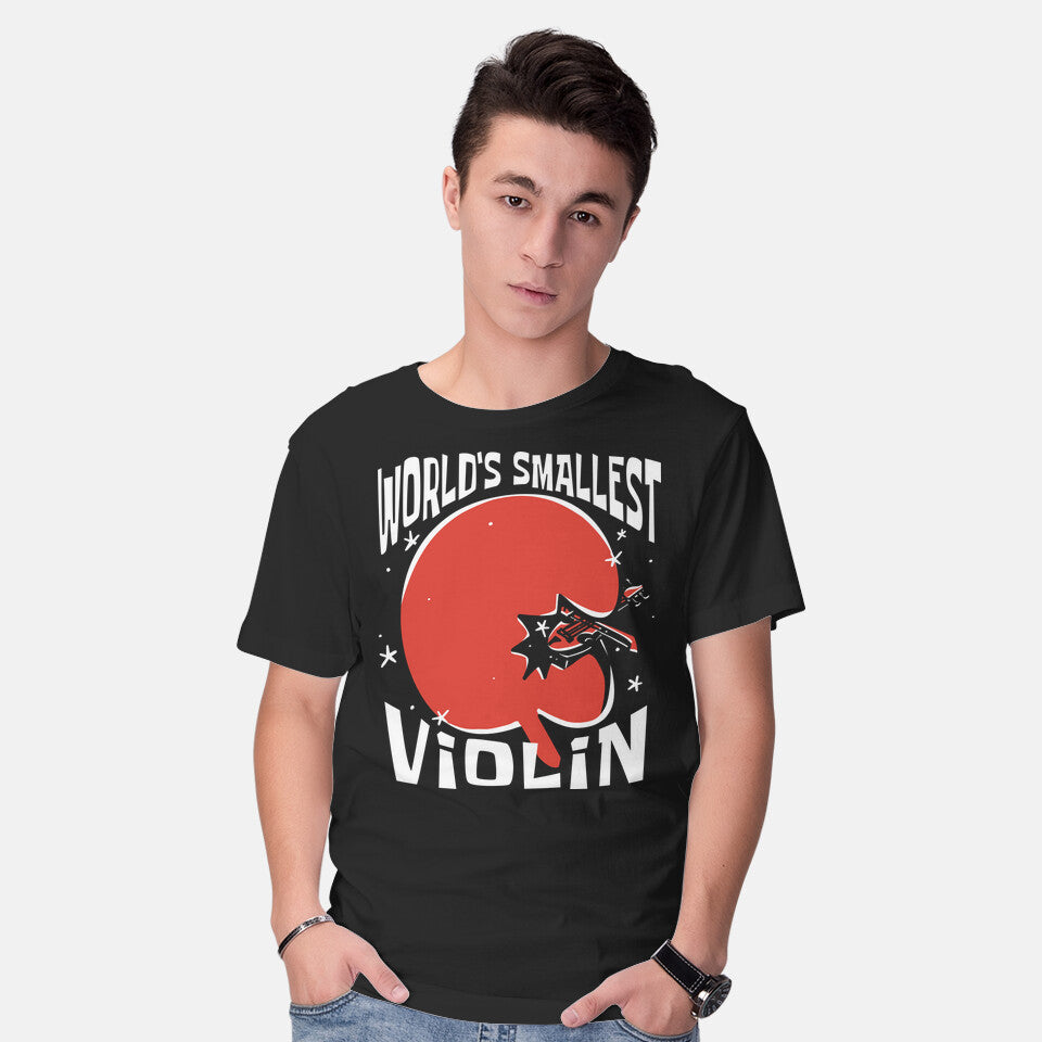 Model wearing black World's Smallest Violin – Music Graphic T-Shirt