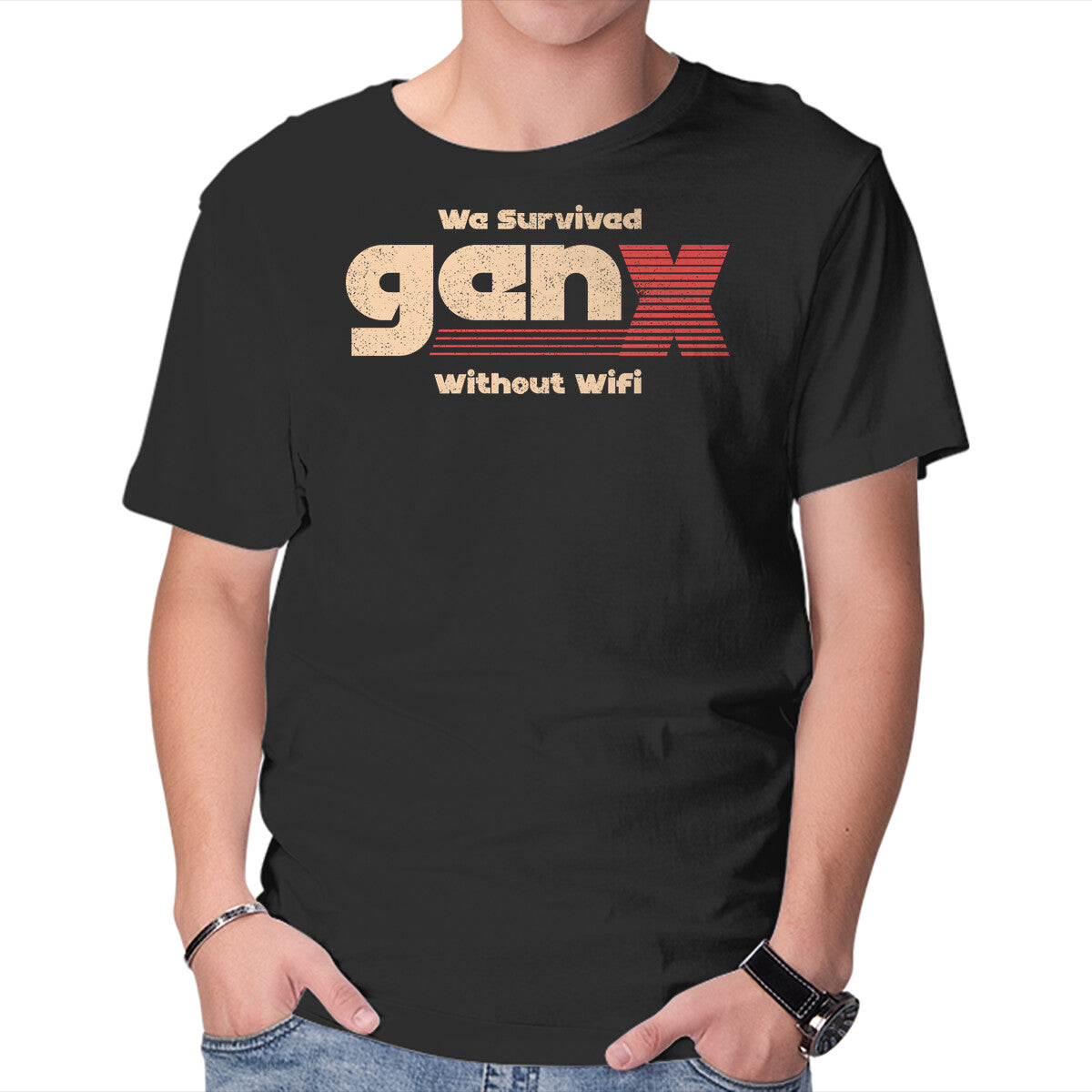 We Survived Without Wifi – Retro Graphic T-Shirt in black, product display