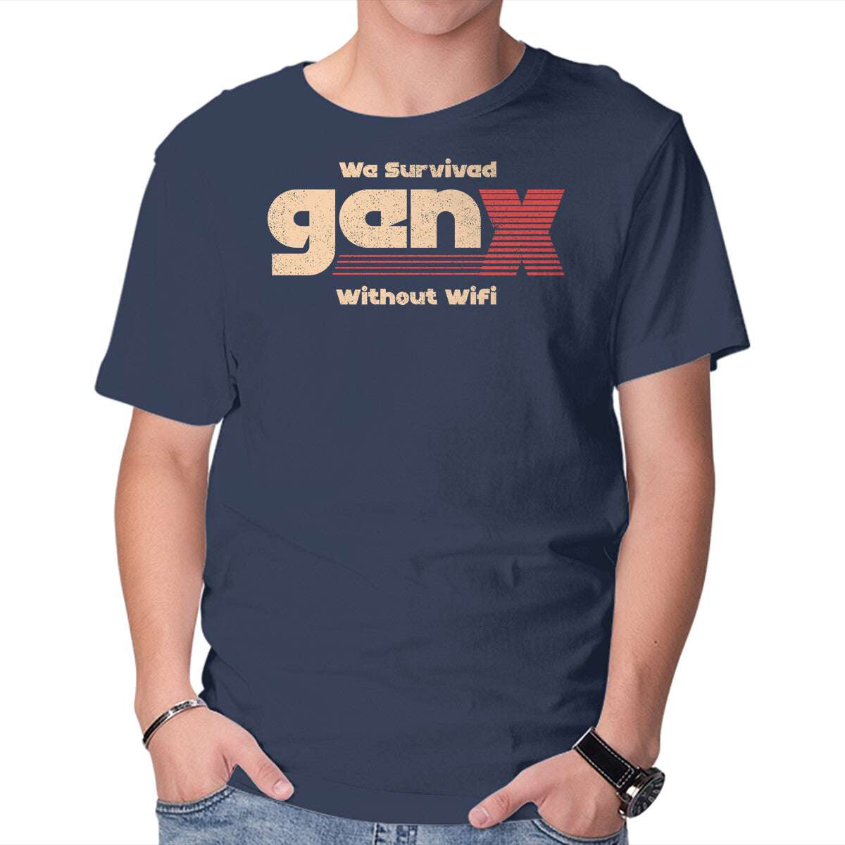 We Survived Without Wifi – Retro Graphic T-Shirt in navy, product display