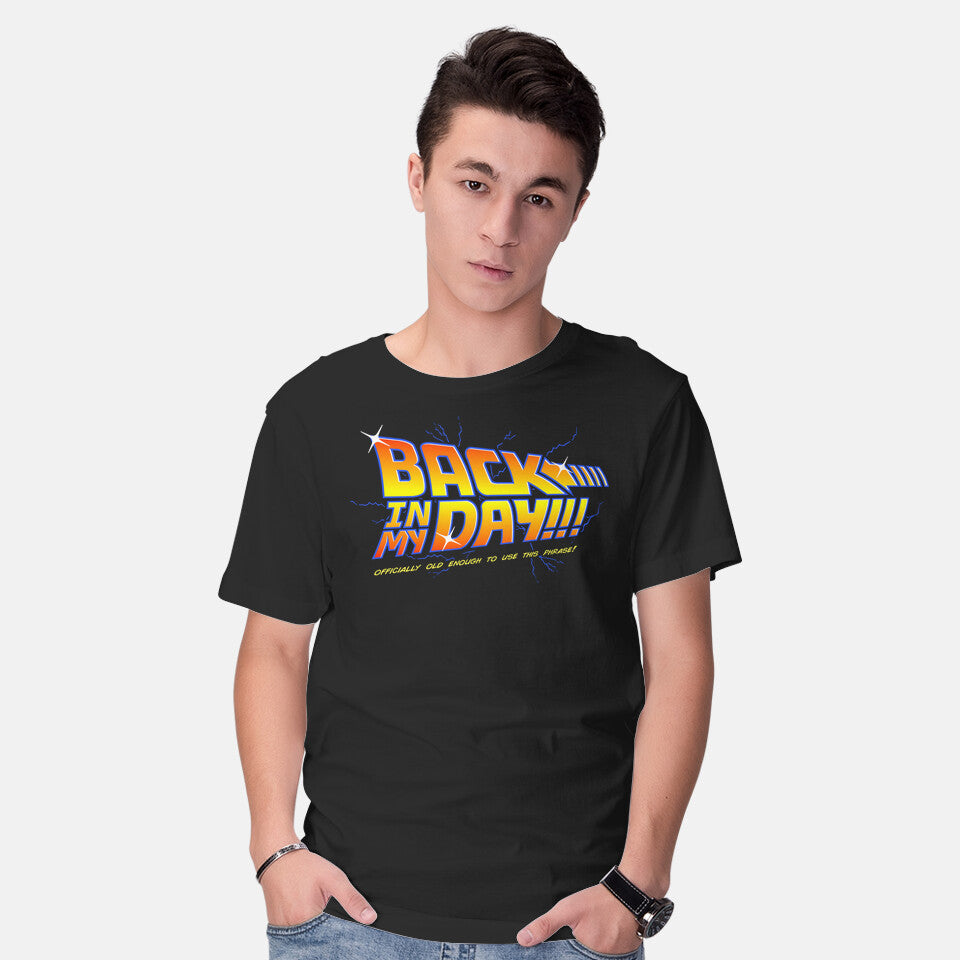 Model wearing black Back In My Day – Sci-Fi Graphic T-Shirt