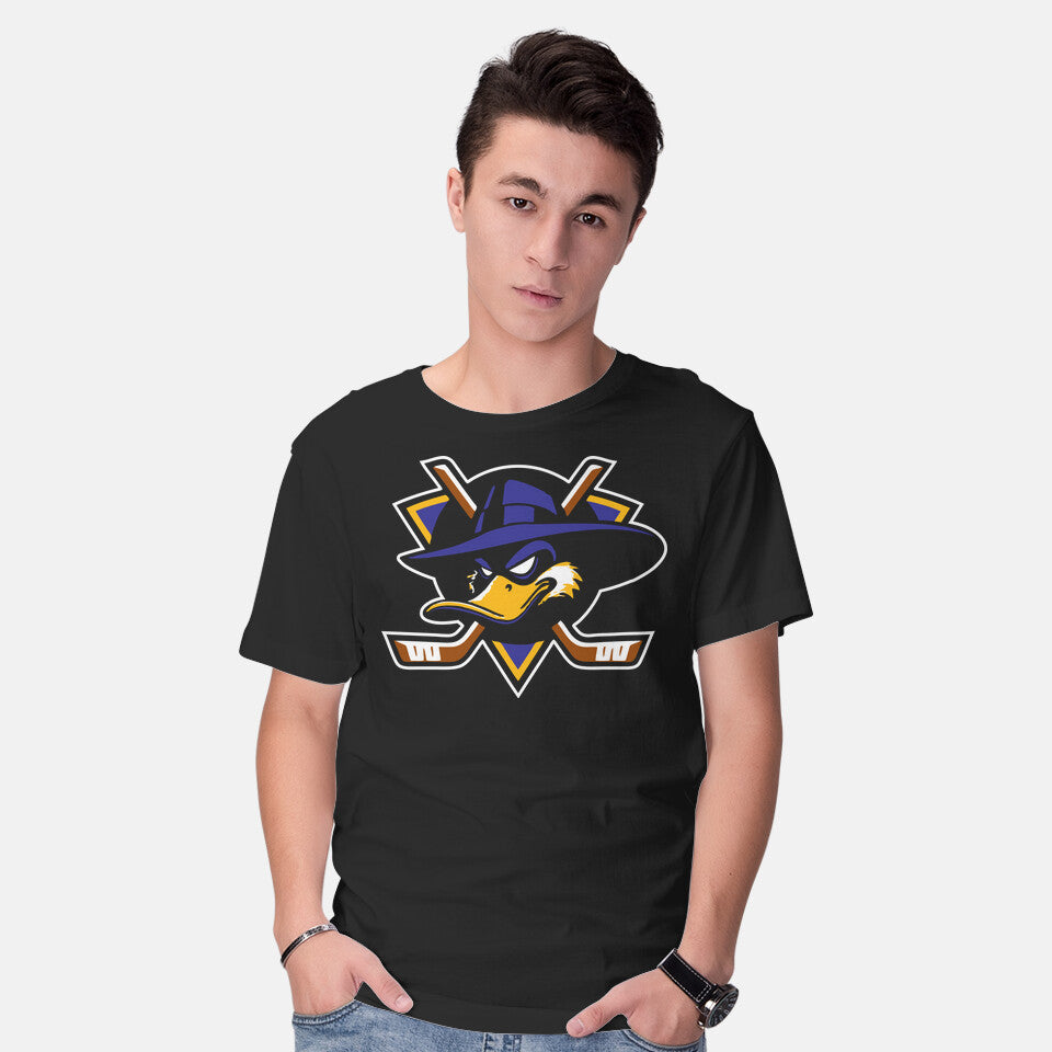 Model wearing black The Darkwing Ducks – Retro Graphic T-Shirt