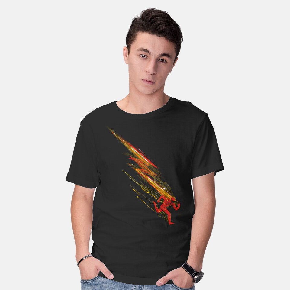 Model wearing black Flashy – Sci-Fi Graphic T-Shirt