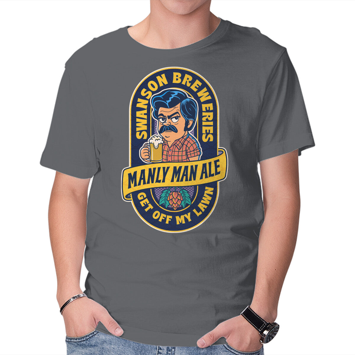 Manly Man Ale – Funny Graphic T-Shirt in charcoal, product display