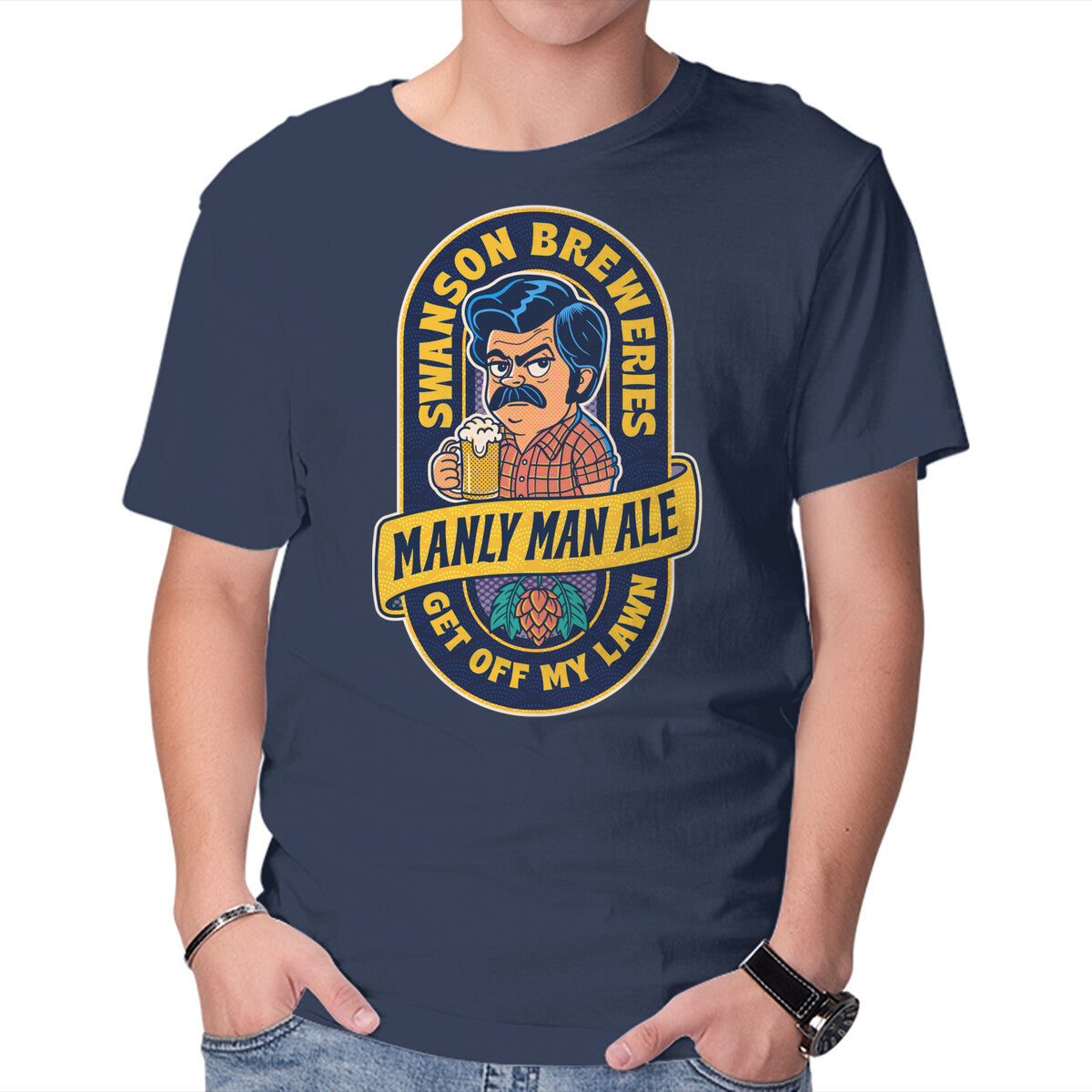 Manly Man Ale – Funny Graphic T-Shirt in navy, product display