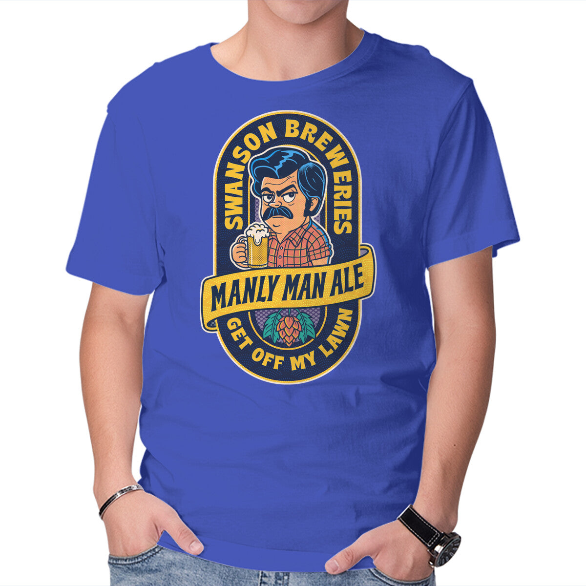 Manly Man Ale – Funny Graphic T-Shirt in royal blue, product display