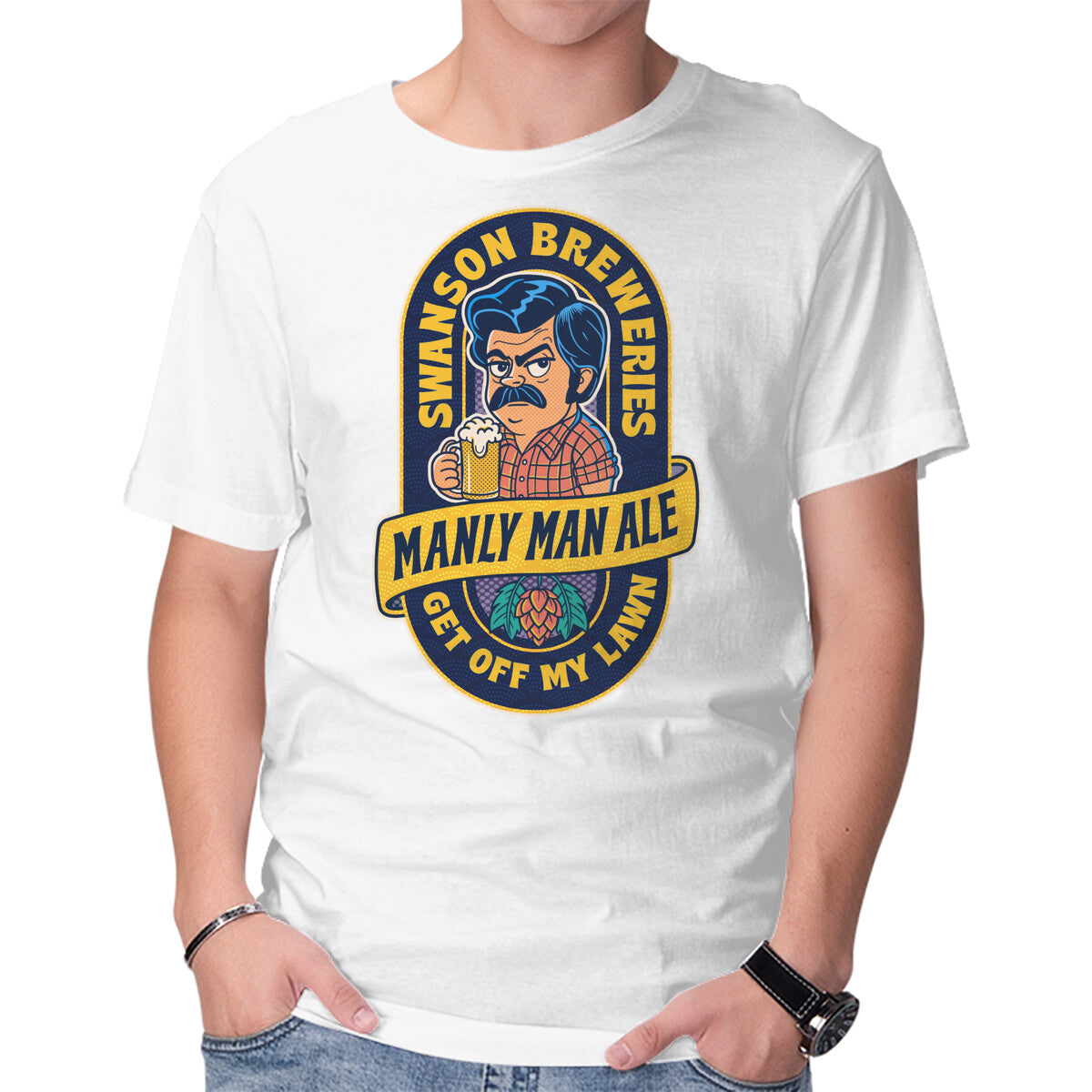 Manly Man Ale – Funny Graphic T-Shirt in white, product display
