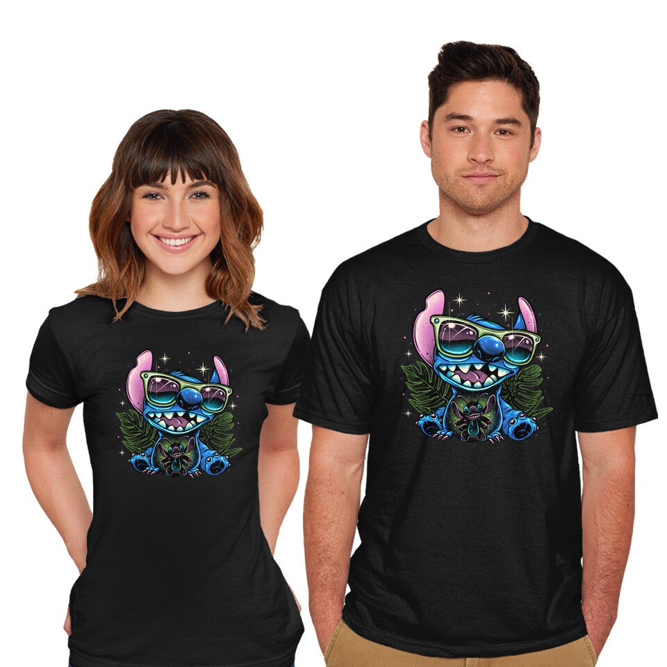 Model wearing black Tropical Visitor – Movie Graphic T-Shirt