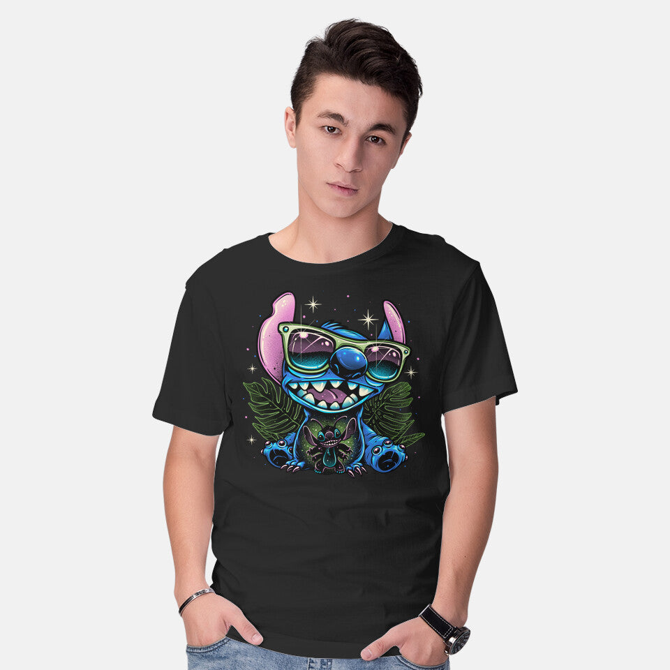 Model wearing black Tropical Visitor – Movie Graphic T-Shirt
