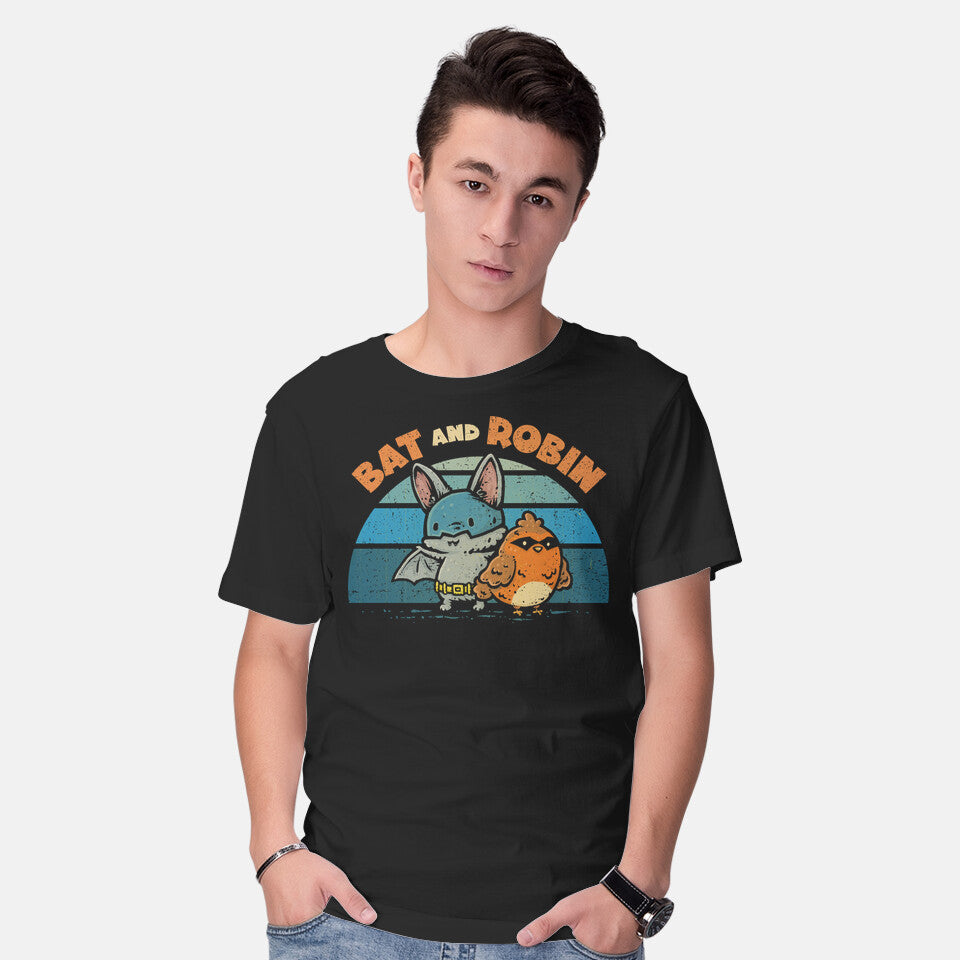 Model wearing black Bat And Robin – Movie Graphic T-Shirt