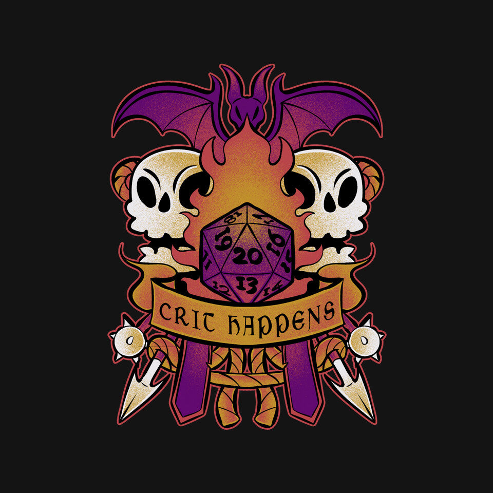 Crit Happens Sometimes – Gaming Graphic T-Shirt design artwork for black graphic T-shirt