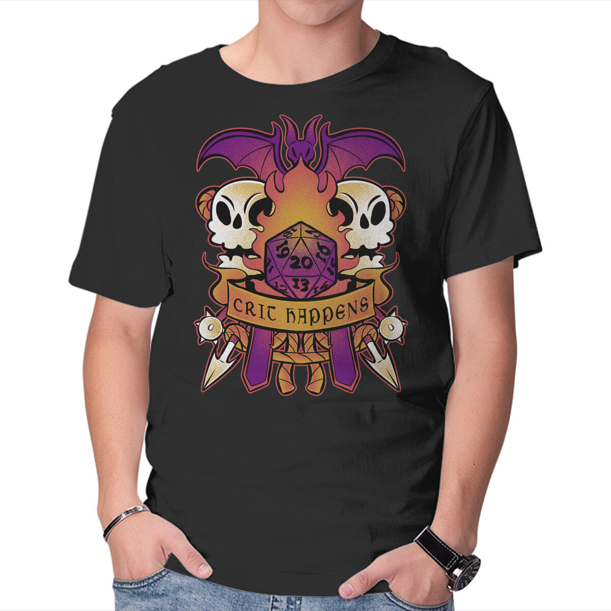 Crit Happens Sometimes – Gaming Graphic T-Shirt in black, product display