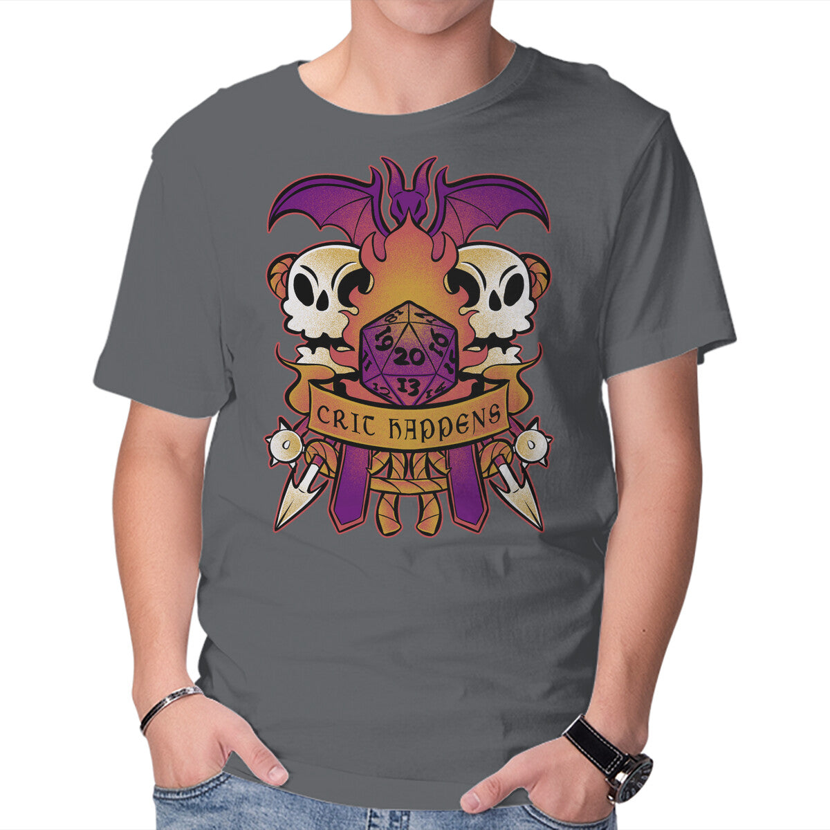 Crit Happens Sometimes – Gaming Graphic T-Shirt in charcoal, product display
