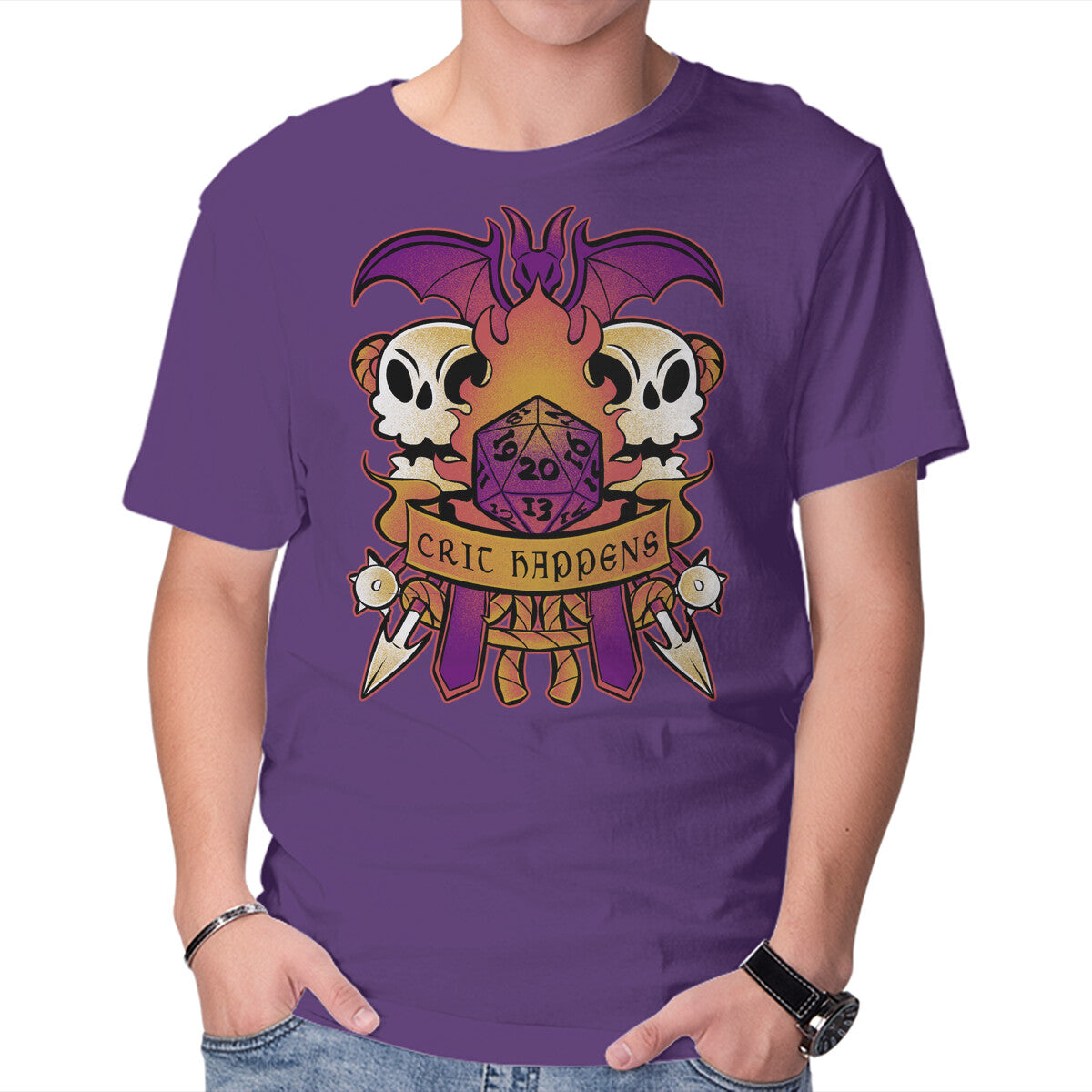 Crit Happens Sometimes – Gaming Graphic T-Shirt in purple, product display
