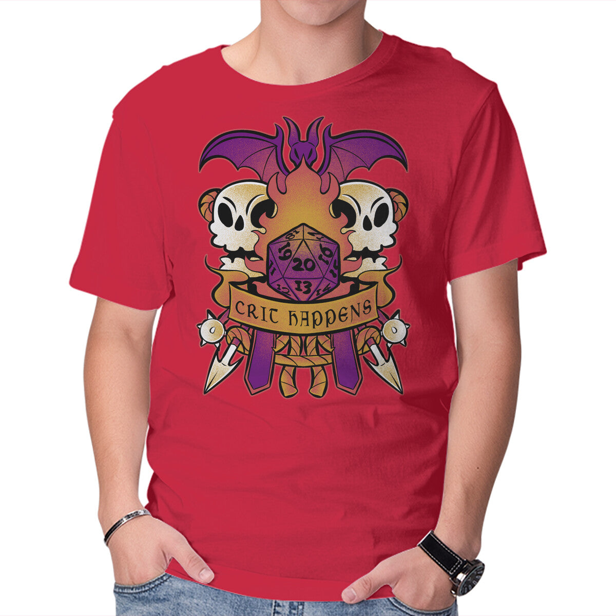 Crit Happens Sometimes – Gaming Graphic T-Shirt in red, product display