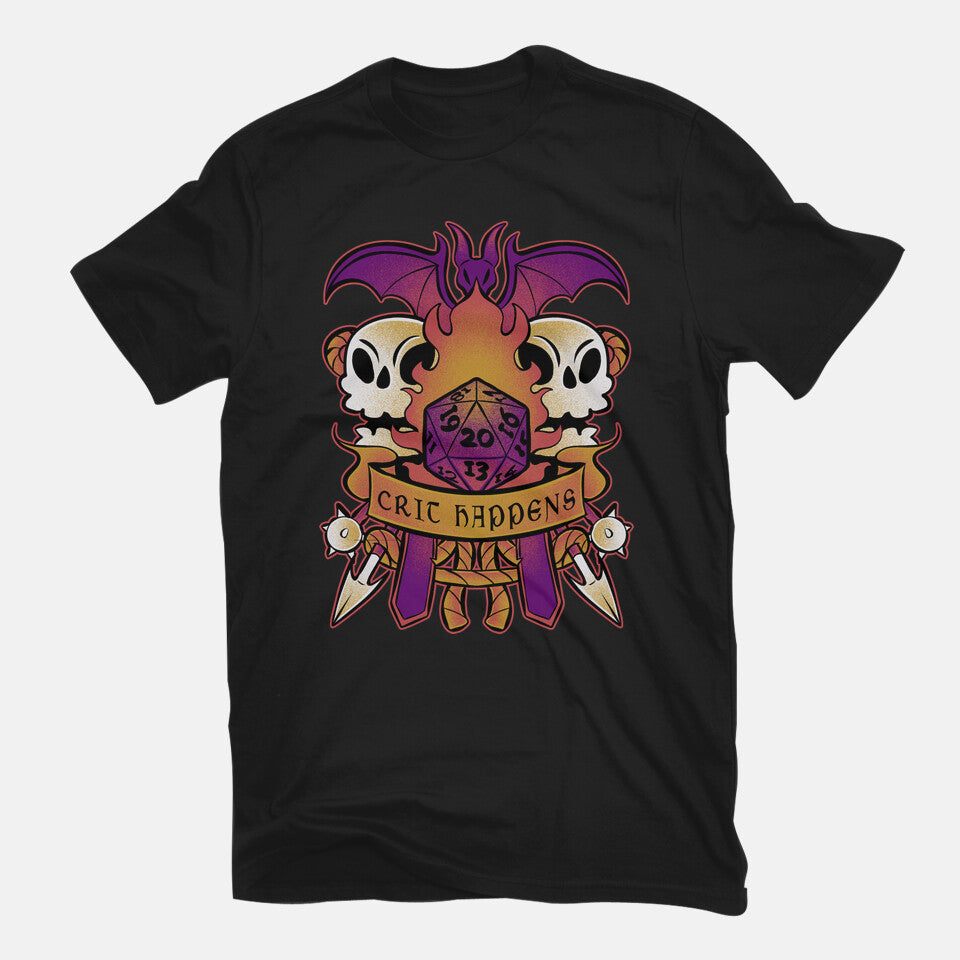 Crit Happens Sometimes – Gaming Graphic T-Shirt in black, flat-lay product view