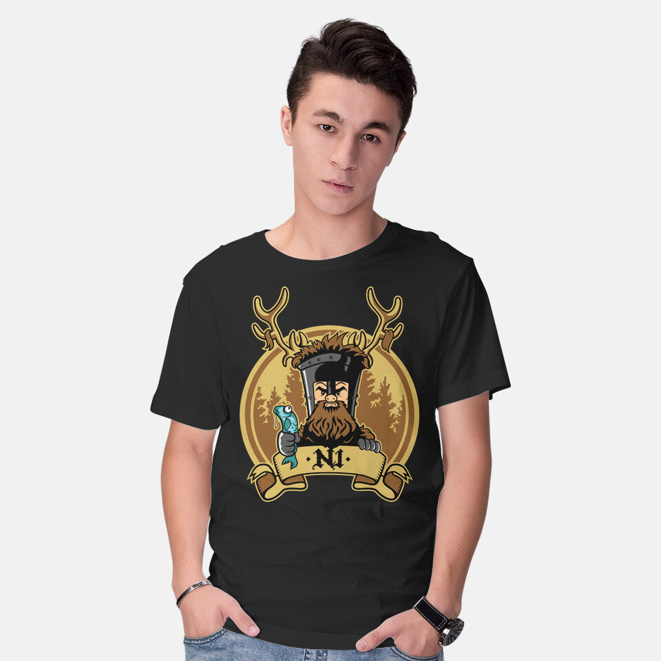 Model wearing black Ni Knight – Movie Graphic T-Shirt