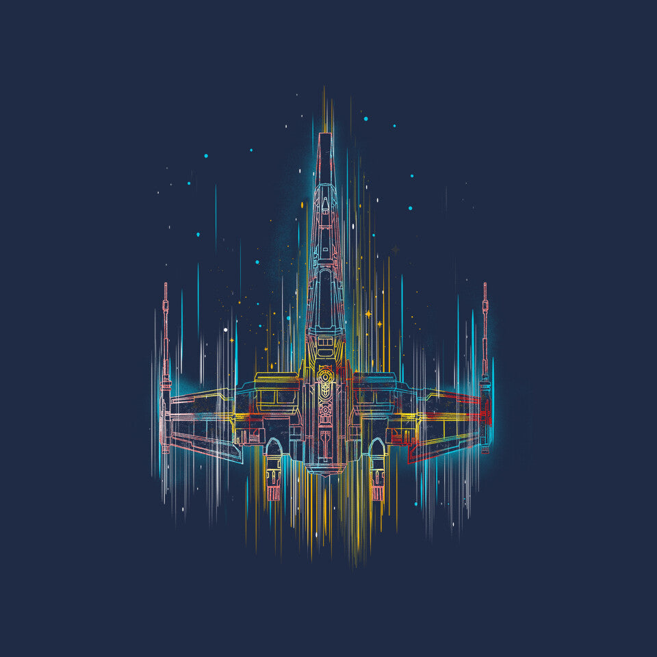 Neon X-Wing – Sci-Fi Graphic T-Shirt design artwork for navy graphic T-shirt