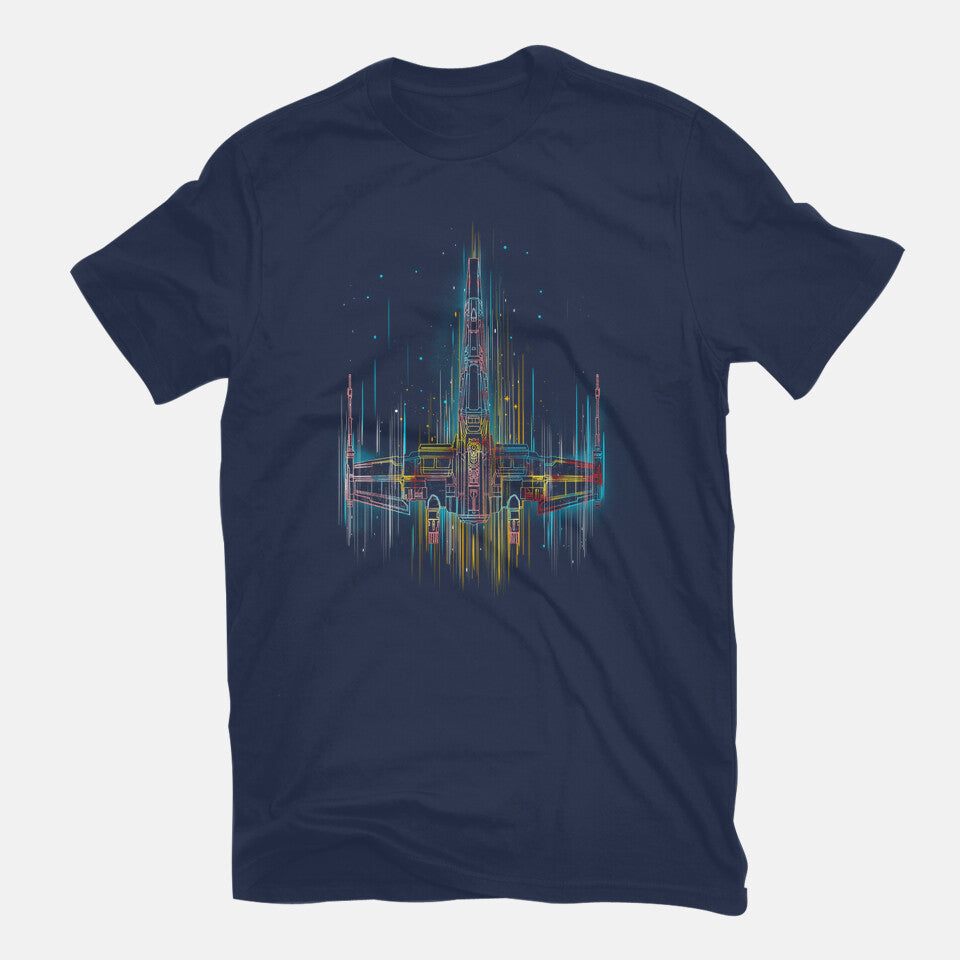 Neon X-Wing – Sci-Fi Graphic T-Shirt in navy, flat-lay product view