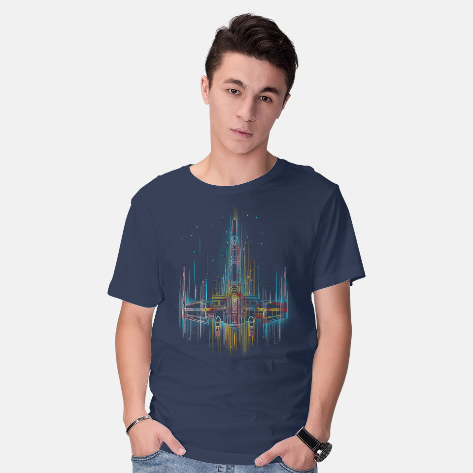 Model wearing navy Neon X-Wing – Sci-Fi Graphic T-Shirt